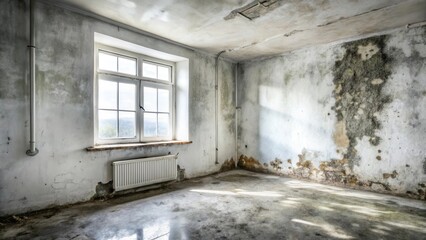 Aufkleber - A neglected room reveals decaying walls, stained with mold and water damage, a solitary window offering a glimpse of an outdoor scene, hinting at a story of abandonment and the passage of time.