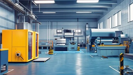 Poster - Modern Industrial Factory Interior Featuring Advanced Machinery, Organized Workspace, and Efficient Production Line in a Brightly Lit Environment