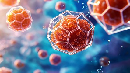 Poster - Abstract representation of microscopic particles illustrating cellular structure and biological interactions in a scientific and colorful environment