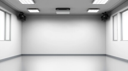Poster - Minimalist empty room with white walls, gray floor, recessed lighting, wall-mounted speakers, and large featu a clean, modern aesthetic design