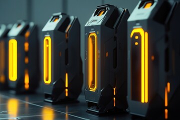 Poster - Futuristic display of sleek black devices with glowing orange accents in a modern setting