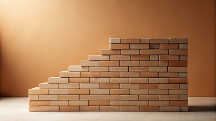Poster - Wooden blocks arranged as a stair-step wall against a muted orange background, representing growth, progress, and construction.