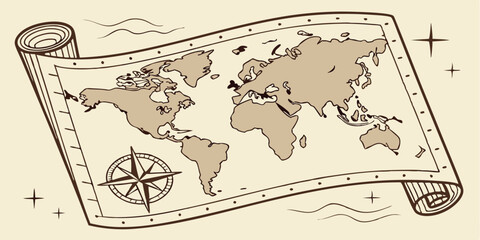 Poster - artistic vector illustration of a vintage world map with a compass, showcasing continents and oceans