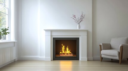 Poster - Modern White Fireplace with Glowing Fire in Bright Minimalist Living Room Featu Light Gray Armchair and Elegant Vase of Dried Branches Decor