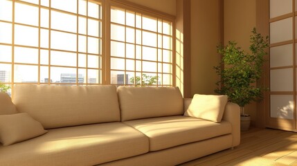 Poster - Sunlight Illuminates Minimalist Room with Beige Sofa, Potted Plant, and Traditional Japanese-style and Shoji Screens Enhancing Tranquility