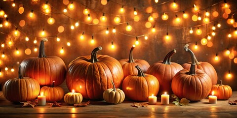 Poster - Autumnal Harvest Gathering Pumpkins and Candles Illuminated by Warm String Lights on Rustic Wooden Surface