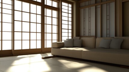 Poster - Minimalist sunlit living room with low tan couch and light pillows in front of traditional Japanese-style and elegant shoji screen decor accents