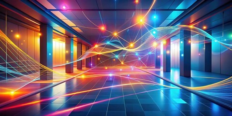 Poster - Illuminated Corridor with Abstract Network Connections Featuring Vibrant Hues and Sleek Architectural Design