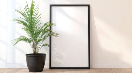 Poster - Tall slender potted palm plant beside a large empty rectangular s against a minimalist white wall bathed in soft sunlight creating tranquility.