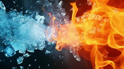 Poster - intense artistic representation of ice and fire elements colliding in a dramatic and dynamic visual 