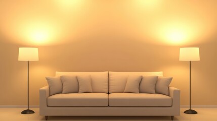 Poster - Cozy living room scene featu a beige couch with light beige pillows against pale yellow wall, illuminated by warm light from nearby floor lamps