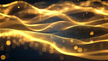 Poster - Abstract golden waves of light shimmer on a dark background creating a mesmerizing visual effect perfect for digital art and motion graphics concepts