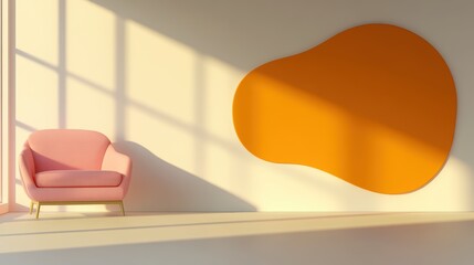 Poster - minimalist room featu a pink armchair beside a large organic-shaped orange wall decoration illuminat