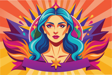 Poster - Vivid vector illustration of a confident woman surrounded by colorful foliage and decorative elements in a dynamic design