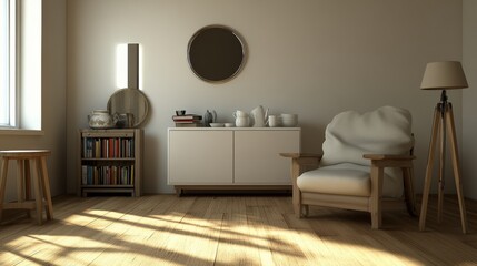 Poster - Sunlit minimalist living room with light wood floors, white cabinet showcasing decor, comfortable armchair, wooden side table, and floor lamp ambiance