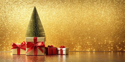 Poster - A Festive Miniature Tree with Gold and Red Presents on a Sparkling Background