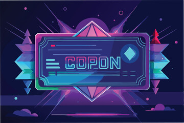 Poster - Vibrant vector illustration featuring a retro-futuristic design with the text Cupon, adorned with gems and neon colors against a dark background