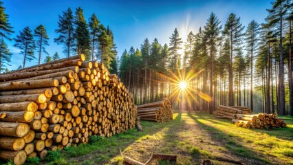 Aufkleber - Golden Hour Lumber Stacks in a Verdant Pine Forest, Sunlight Beams Through Tall Trees, Casting Long Shadows on the Ground