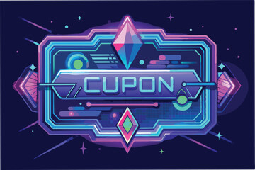 Poster - Vibrant vector illustration featuring a retro-futuristic design with the text Cupon, adorned with gems and neon colors against a dark background