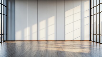 Poster - Minimalist sunlit room with large white wall and hardwood floors showcasing expansive that provide stunning cityscape views in modern design