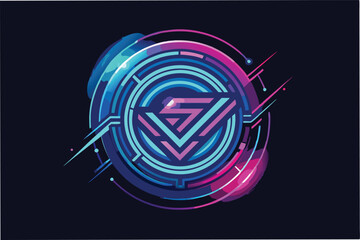 Aufkleber - Vibrant circular vector illustration featuring an abstract maze-like design with bright colors against a dark background