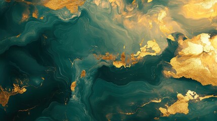 Poster - abstract art featu a swirling blend of deep teal and gold colors, resembling liquid marble or vibran