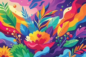 Poster - Colorful sunset over abstract waves and vibrant foliage in a vector illustration capturing the beauty of nature and artistic expression in a whimsical landscape