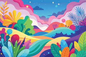 Poster - Colorful sunset over abstract waves and vibrant foliage in a vector illustration capturing the beauty of nature and artistic expression in a whimsical landscape