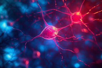 Poster - close up of two neurons with a pinkish hue. Concept of complexity and interconnectedness, as the neurons are shown in intricate detail. The pinkish hue adds a sense of vibrancy