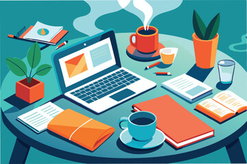 Poster - Modern workspace setup with laptop, coffee, and stationery for productive work hours