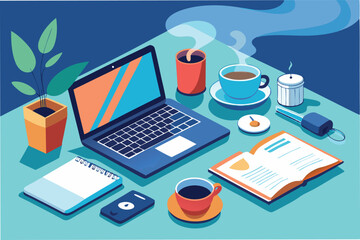 Aufkleber - Modern workspace setup with laptop, coffee, and stationery for productive work hours