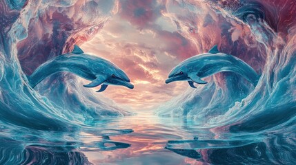Wall Mural - Two dolphins are swimming through the serene ocean waters together