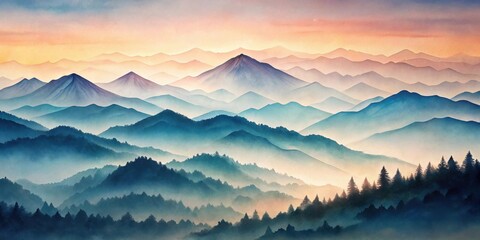Aufkleber - Serene Vista Misty Mountains at Sunrise, Rolling Hills and Verdant Forests Under a Soft Golden Sky