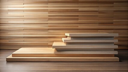 Poster - Wooden display stand with layered shelves against a slatted wood wall