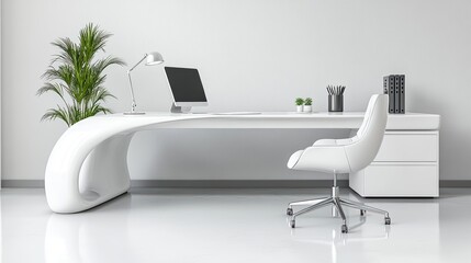 Poster - A bright and minimalist modern home office with sleek white desk, chair, organized supplies, and potted plant against a clean white wall space