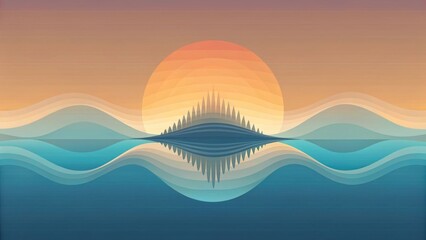 Aufkleber - Serene Sunset Over Tranquil Waters with Symmetrical Wave Reflections and a Silhouetted Island