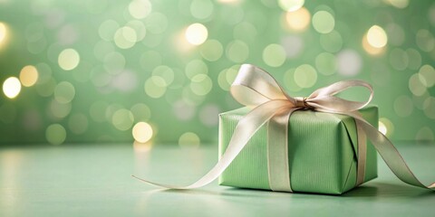 Poster - A delicately wrapped present with a pale green package and a beige ribbon sits on a softly lit surface against a bokeh background