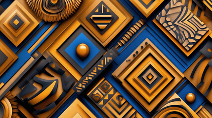 Poster - Colorful textured geometric patterns in gold and blue tones create an artistic design. Modern aesthetic suitable for interior decor. Concept of creative design, art industries, home decor