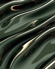 Poster - Flowing Abstract Shiny Texture in Dark Green and Gold, Reflective Surface Design