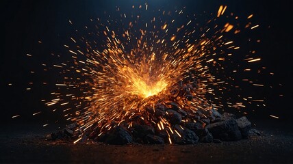 Poster - An explosion of sparks and flames emanates from a pile of coal, creating a dramatic contrast against a dark background.