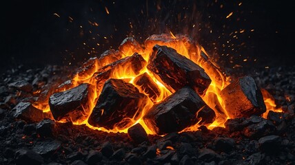 Poster - Glowing embers burst from a pile of coal, creating a mesmerizing display of orange and red flames amidst a dark backdrop.