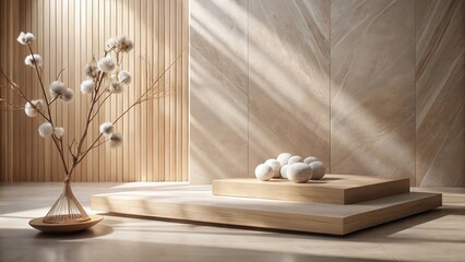 Aufkleber - Serene Minimalist Interior Design Featuring Wooden Platforms, Textured Wall, and Dried Floral Arrangement