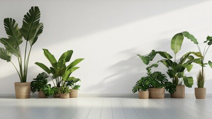 Poster - Minimalist interior scene featu potted tropical plants of varying heights arranged symmetrically against a bright wall illuminated by soft sunlight