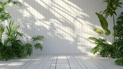 Poster - Lush tropical plants enhance minimalist white room with wood-paneled walls and floo, sunlight casting elongated shadows across the serene space