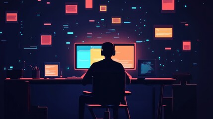 Person working late at night on a computer.  Colorful abstract digital data background