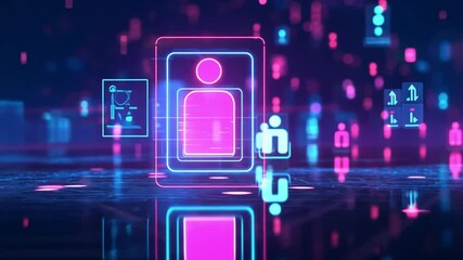 Poster - Futuristic Digital Network with Colorful User Profile Icons and Glowing Background Visuals in a Technological Abstract Scene