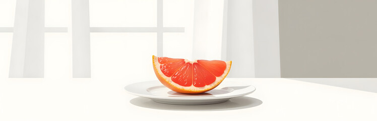 Poster - A Slice Of Grapefruit Sits Alone On A Clean White Plate In A Quiet Dining Room Atmosp