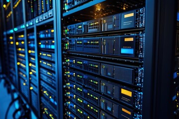 Poster - Data center with server racks illuminated by blue LED lights at night