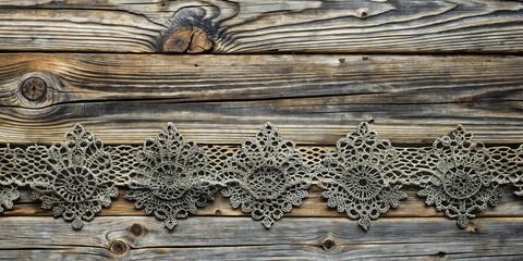 Aufkleber - Elegant silver lace trim on rustic weathered wood background, perfect for crafting and design projects