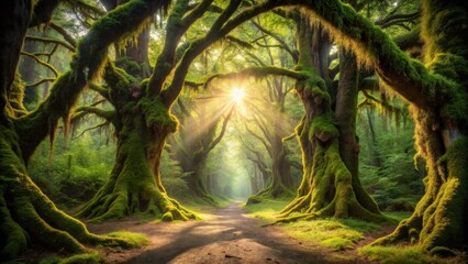 Poster - Sunlit Path Through Ancient Moss-Draped Trees in a Lush Forest